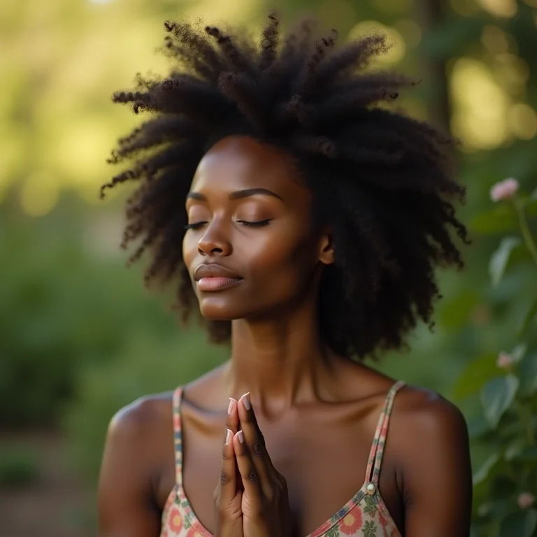 Mulher negra meditando para reduzir estresse