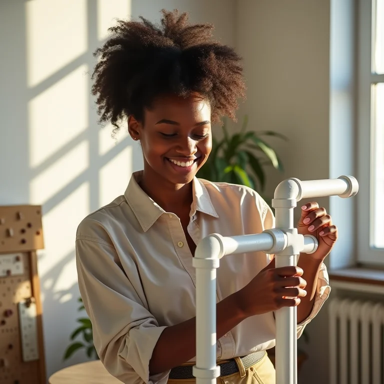 Mulher negra montando sapateira de cano PVC.