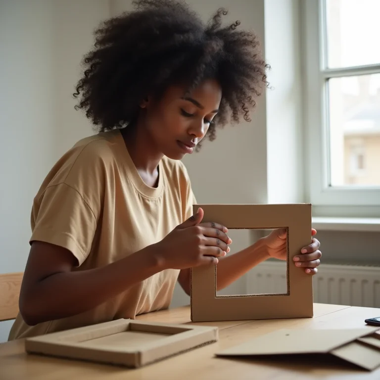 Mulher negra montando um porta-retrato de papelão com as mãos