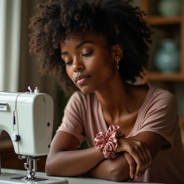 Mulher negra mostrando xuxinha de cetim DIY