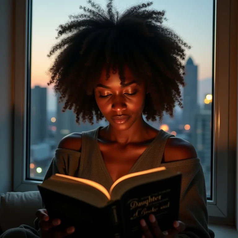 Mulher negra olhando para o livro Feita de Fumaça e Osso