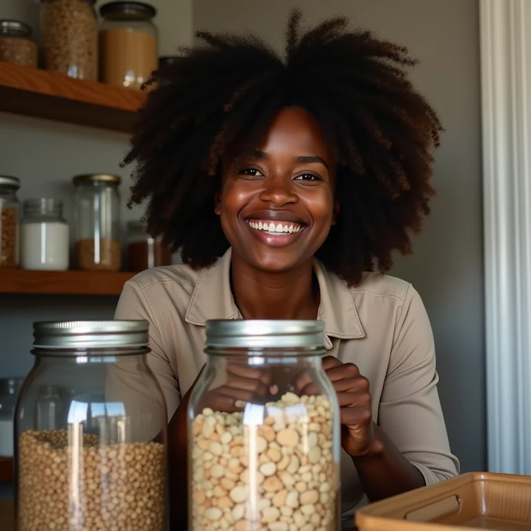 Mulher negra organizando a cozinha com latas de leite reaproveitadas