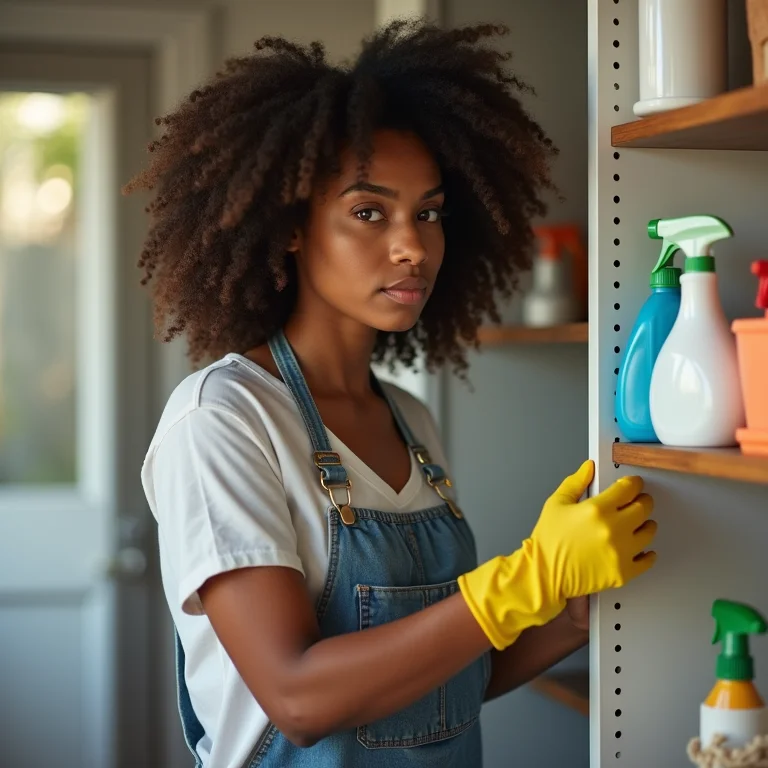 Mulher negra organizando armário de limpeza