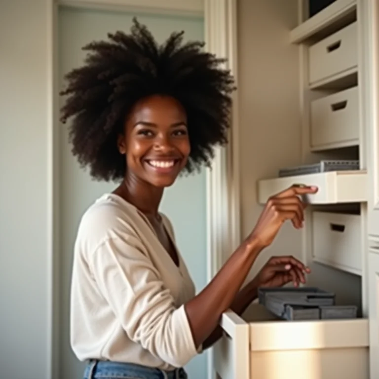 Mulher negra organizando gaveta com organizadores modulares