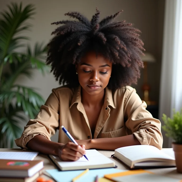 Mulher negra organizando sua rotina de trabalho.