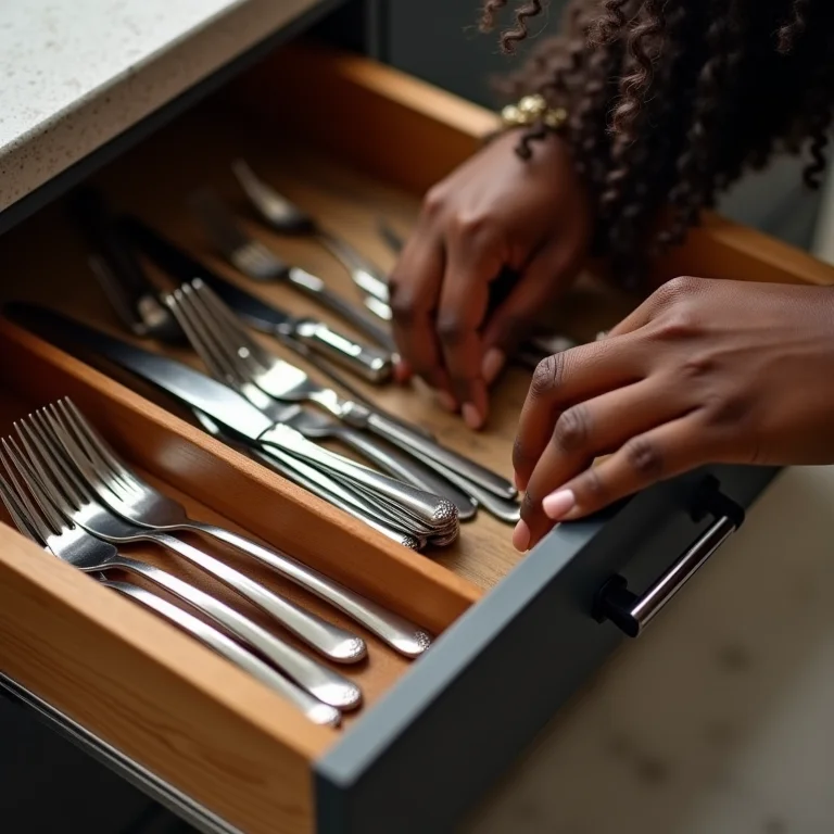 Mulher negra organizando talheres por tipo em uma gaveta.