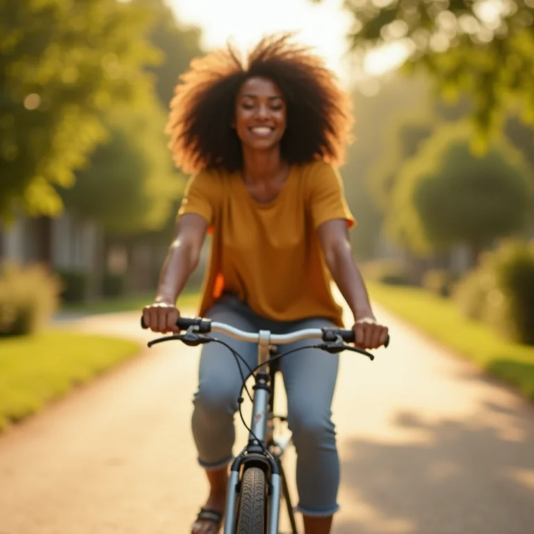 Mulher negra pedalando em ciclovia