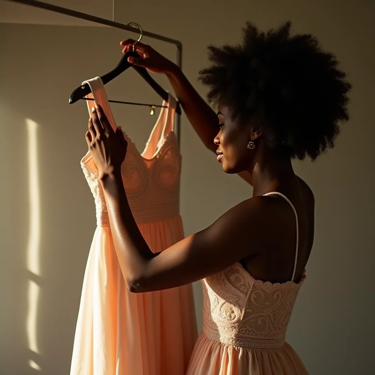 Mulher negra pendurando vestido delicado em cabide de veludo.