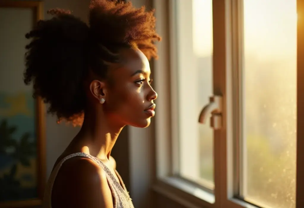 Mulher negra pensando sobre seus direitos trabalhistas