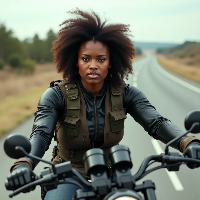 Mulher negra pilotando moto em alta velocidade, forte e determinada