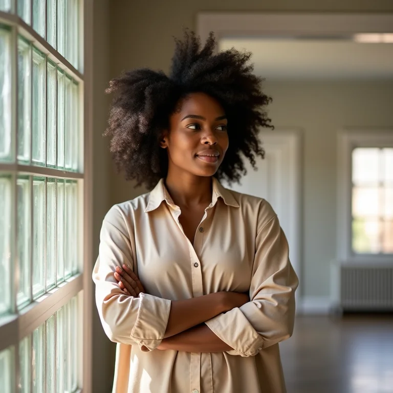 Mulher negra planejando balcão de tijolos de vidro.
