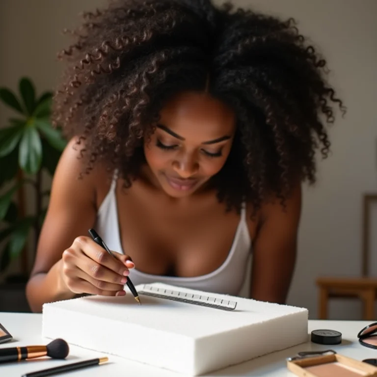Mulher negra planejando o design de um organizador de maquiagem de isopor