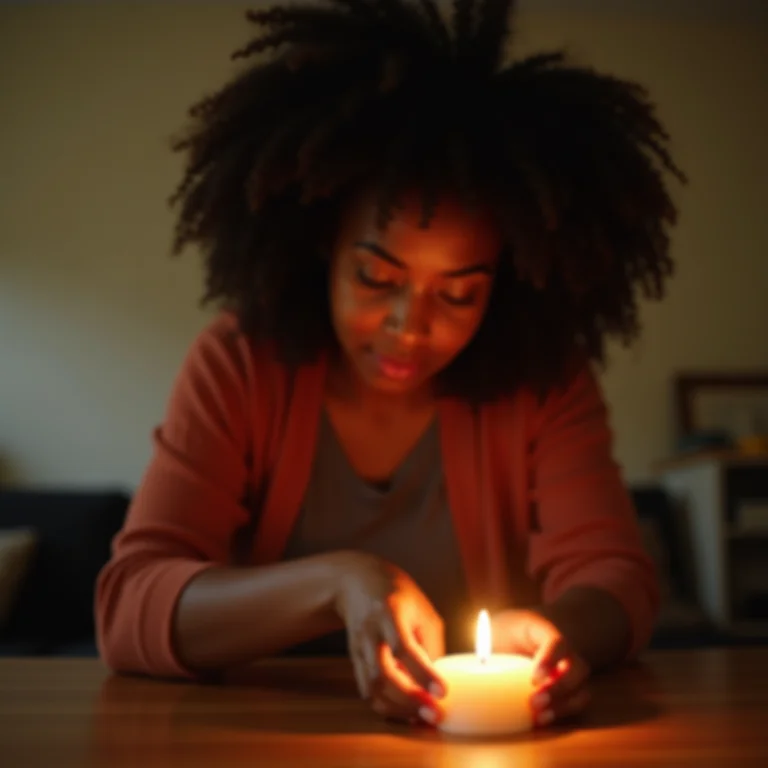 Mulher negra posicionando vela acesa longe de materiais inflamáveis