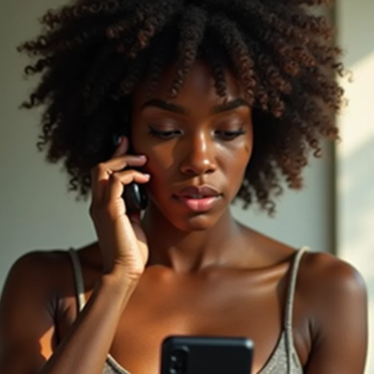 Mulher negra preocupada com o celular