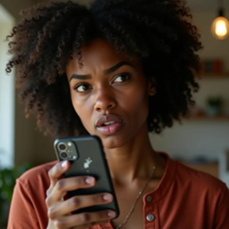 Mulher negra preocupada com um celular danificado.