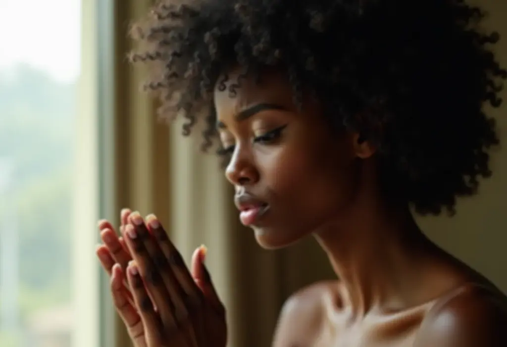 Mulher negra preocupada olhando para as unhas amareladas