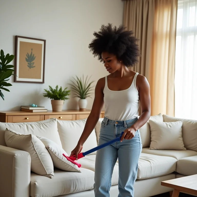 Mulher negra preparando a sala para limpeza do sofá