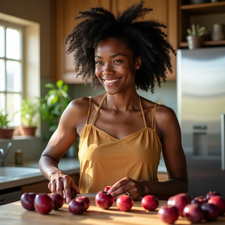 Mulher negra preparando ameixas para o bolo