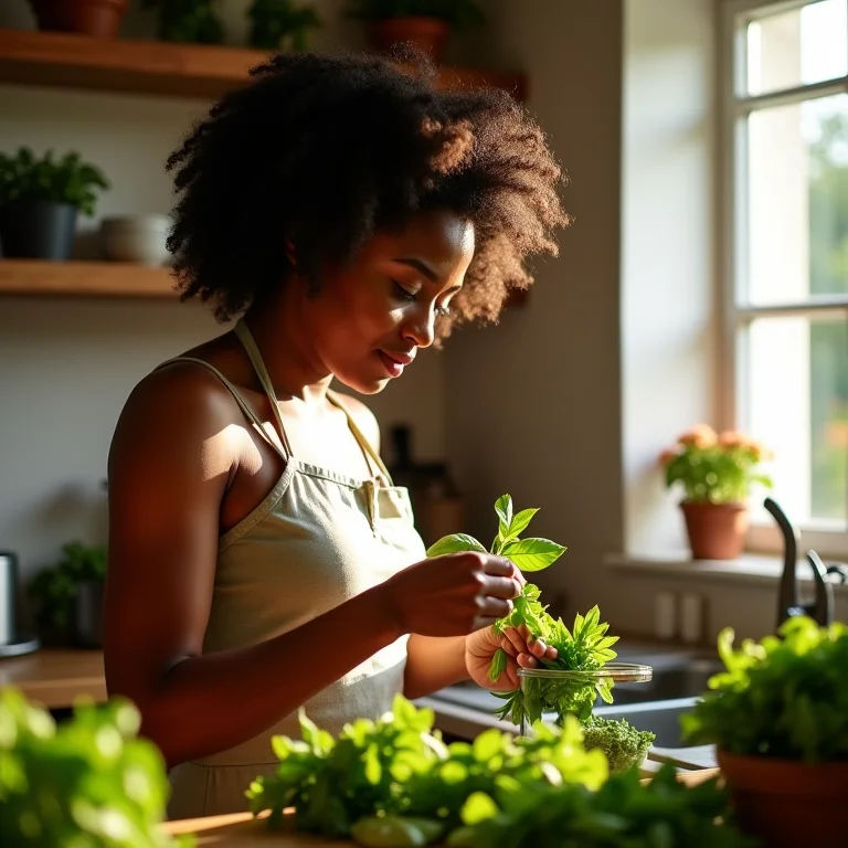 Mulher negra preparando ingredientes para molho pesto caseiro.
