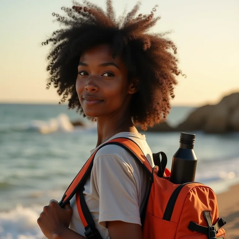 Mulher negra preparando mochila para observação de baleias