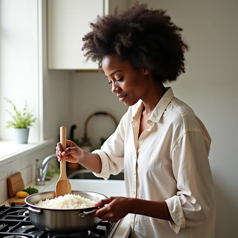 Mulher negra preparando risoto de legumes.