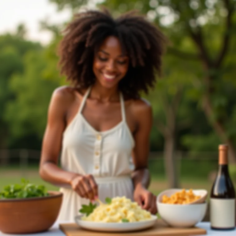 Mulher negra preparando salada de batata cremosa