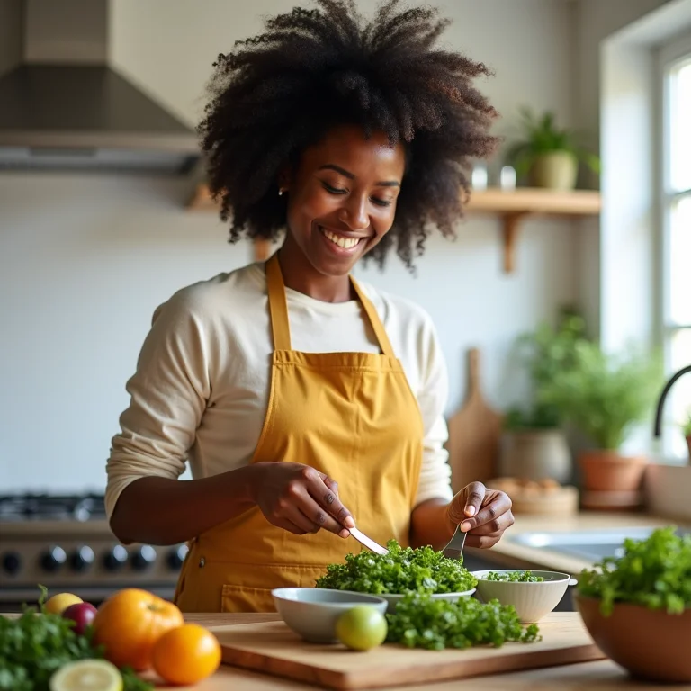 Mulher negra preparando salada de broto de mostarda