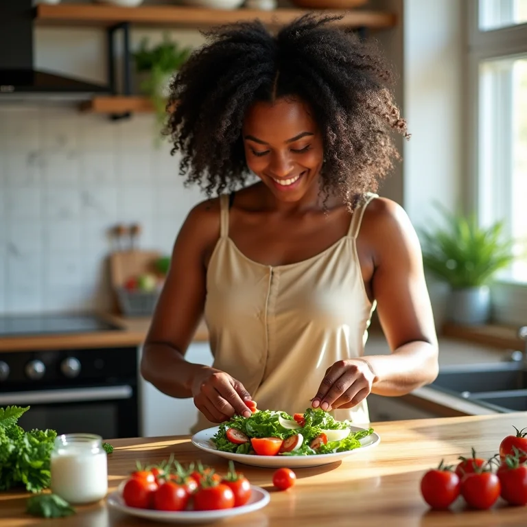 Mulher negra preparando uma salada Caprese com um sorriso.