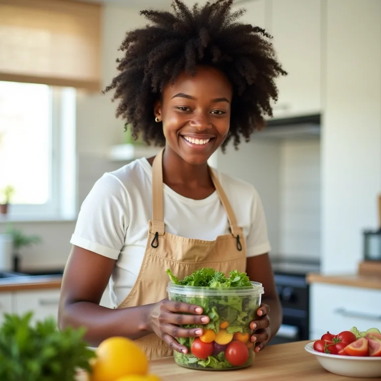 Mulher negra preparando uma salada colorida para marmita