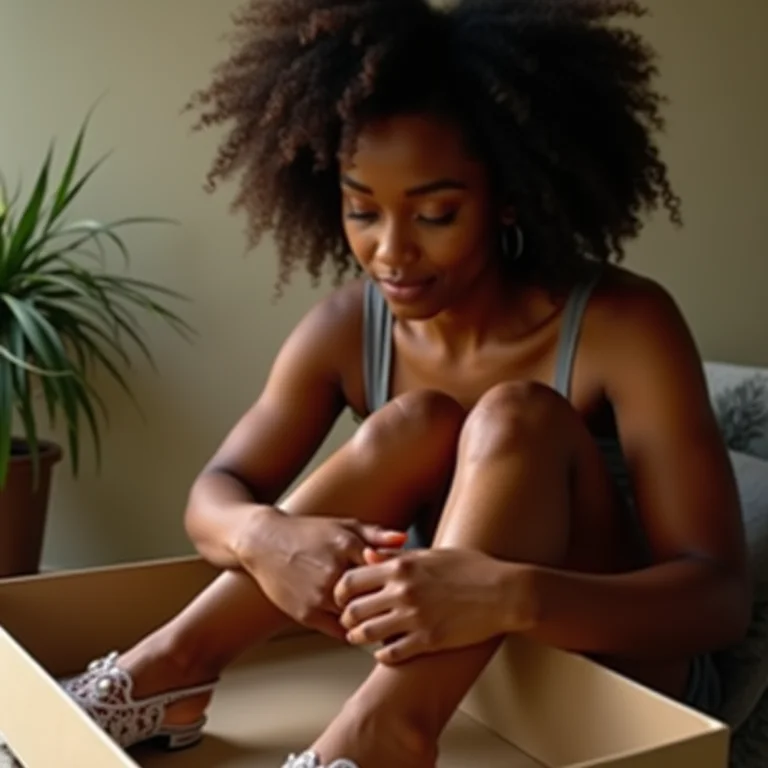 Mulher negra protegendo seus sapatos delicados em caixas.