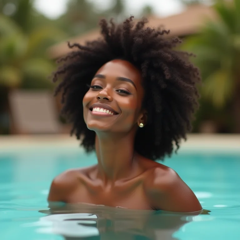 Mulher negra relaxando à beira da piscina em uma pousada