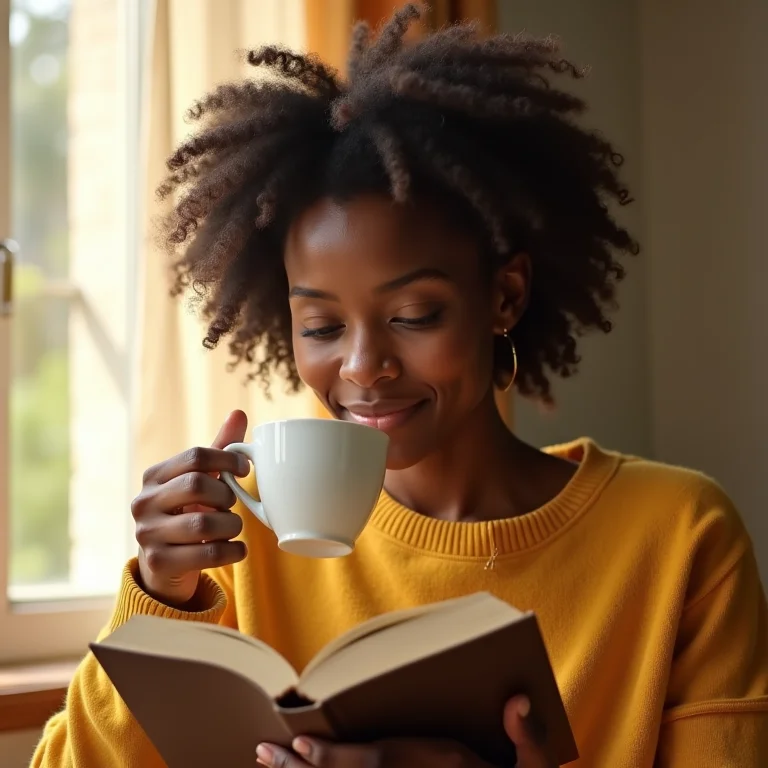 Mulher negra relaxando com chá de camomila e um livro.