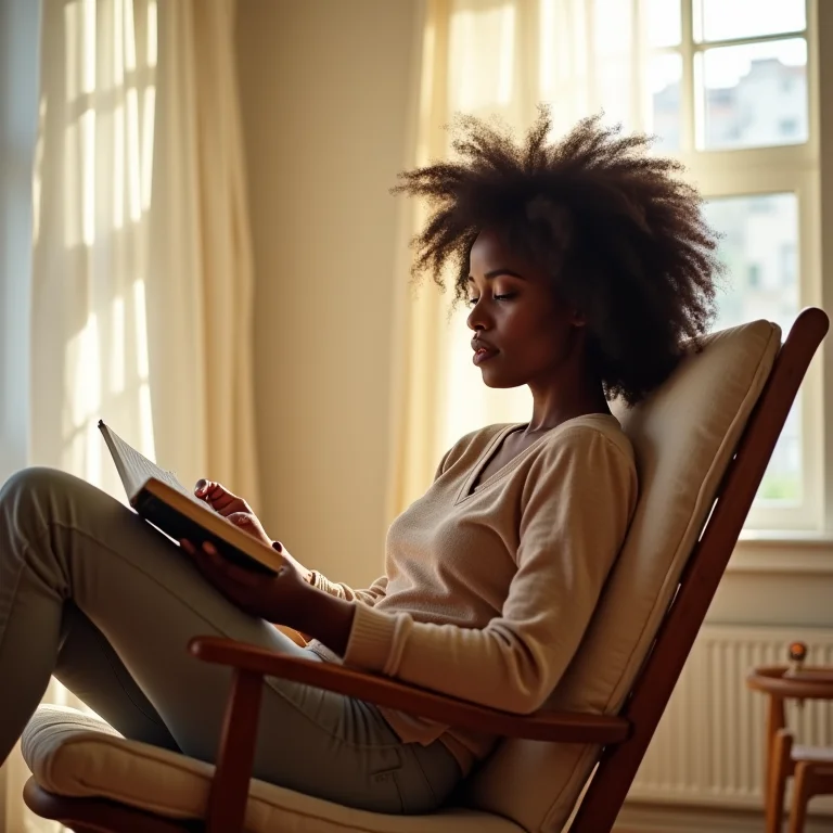 Mulher negra relaxando em cadeira de balanço