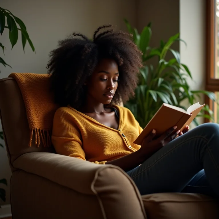 Mulher negra relaxando em poltrona de pneu