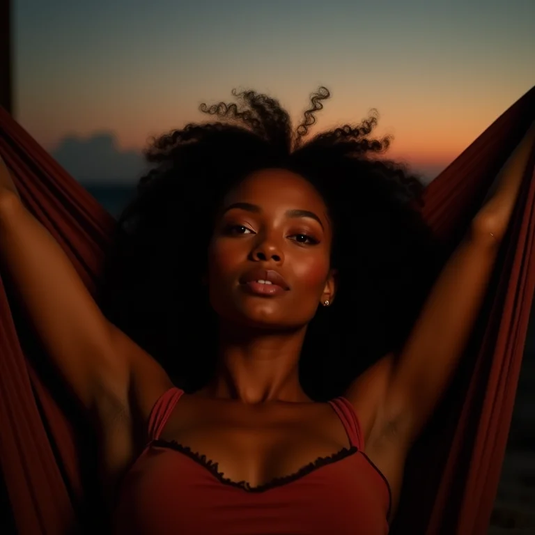 Mulher negra relaxando em rede com iluminação inadequada