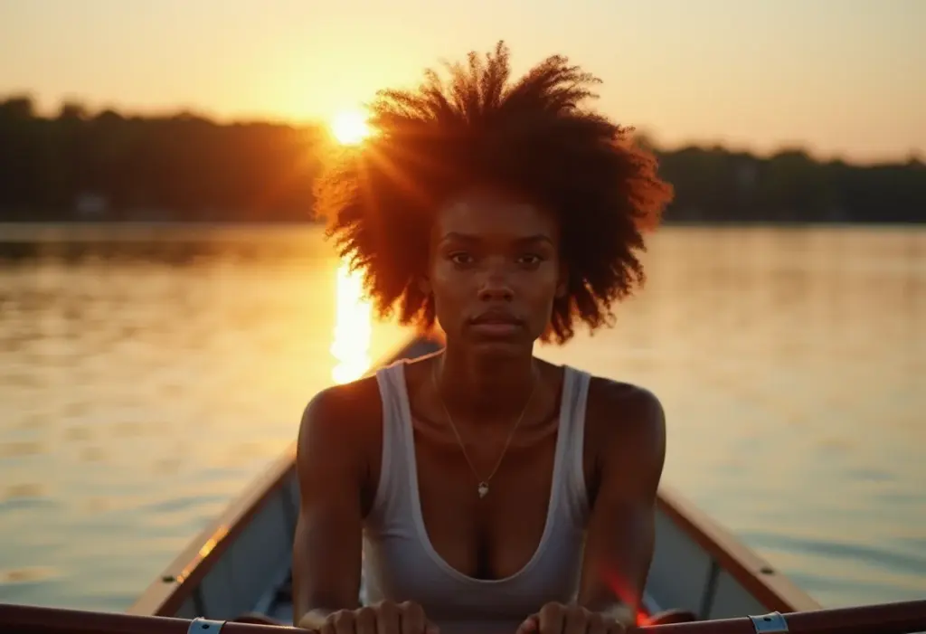Mulher negra remando em lago ao amanhecer