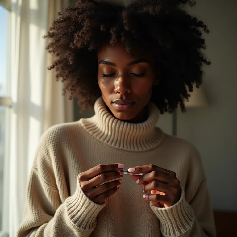 Mulher negra remove bolinhas de suéter com lâmina.