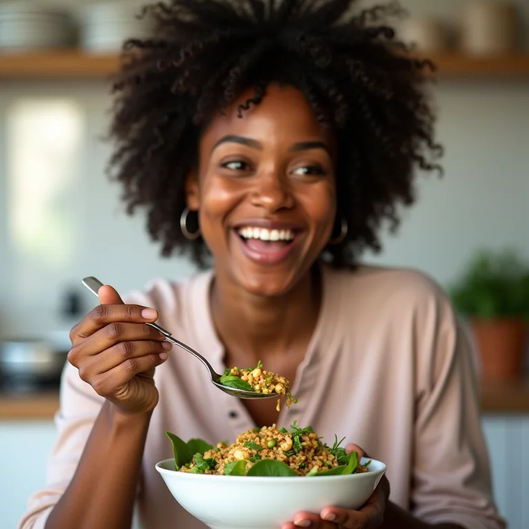 Mulher negra saboreando salada de broto de bambu tailandesa
