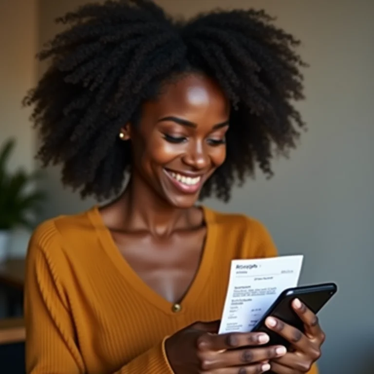 Mulher negra salvando comprovante online em PDF no celular.