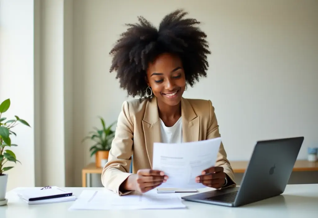 Mulher negra sorrindo analisa documentos financeiros.