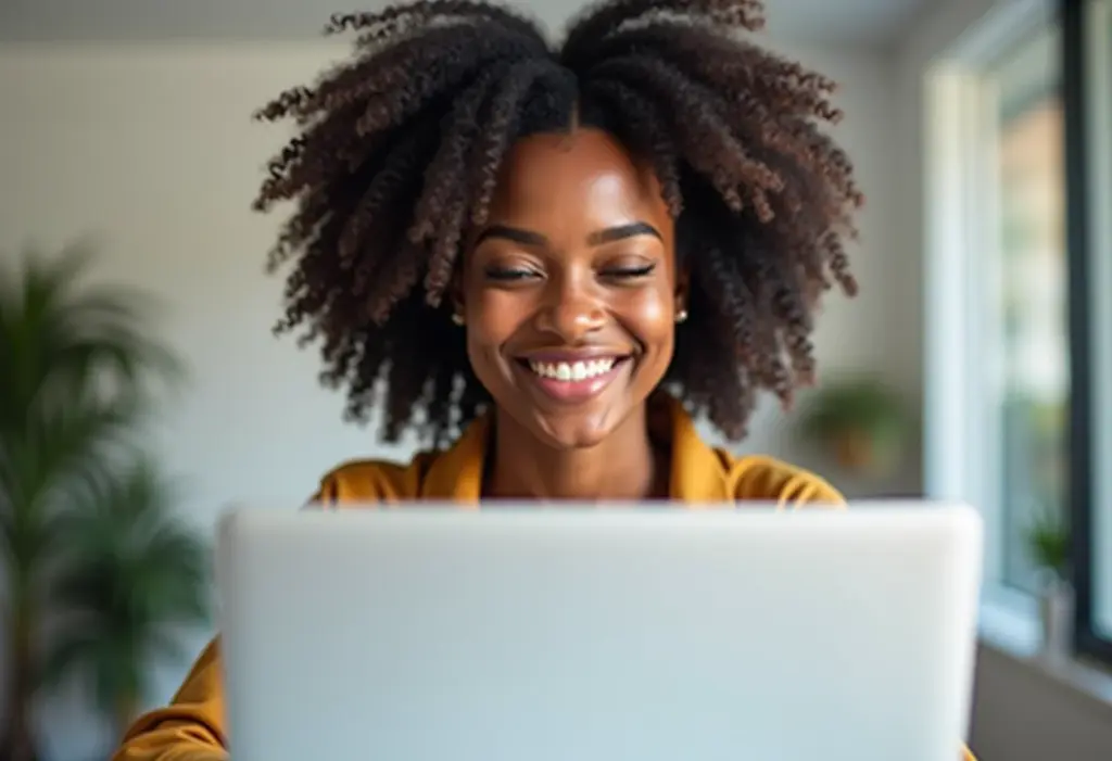 Mulher negra sorrindo analisando currículo em um laptop
