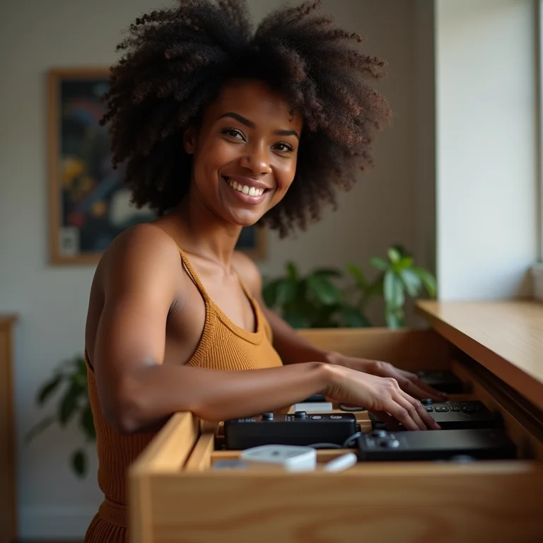 Mulher negra sorrindo ao alcançar controle remoto em gaveta organizada.
