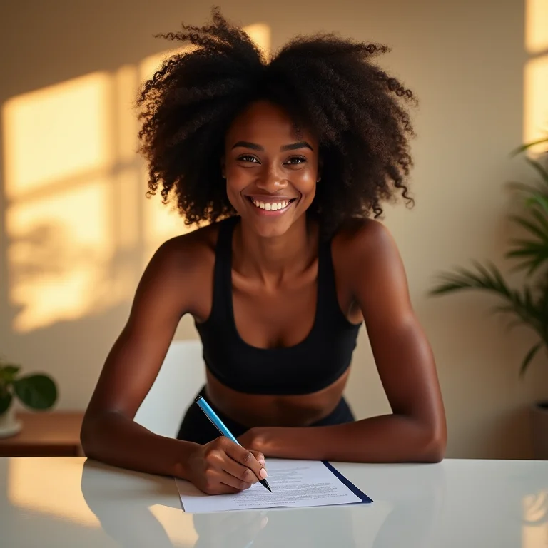 Mulher negra sorrindo ao assinar contrato de patrocínio