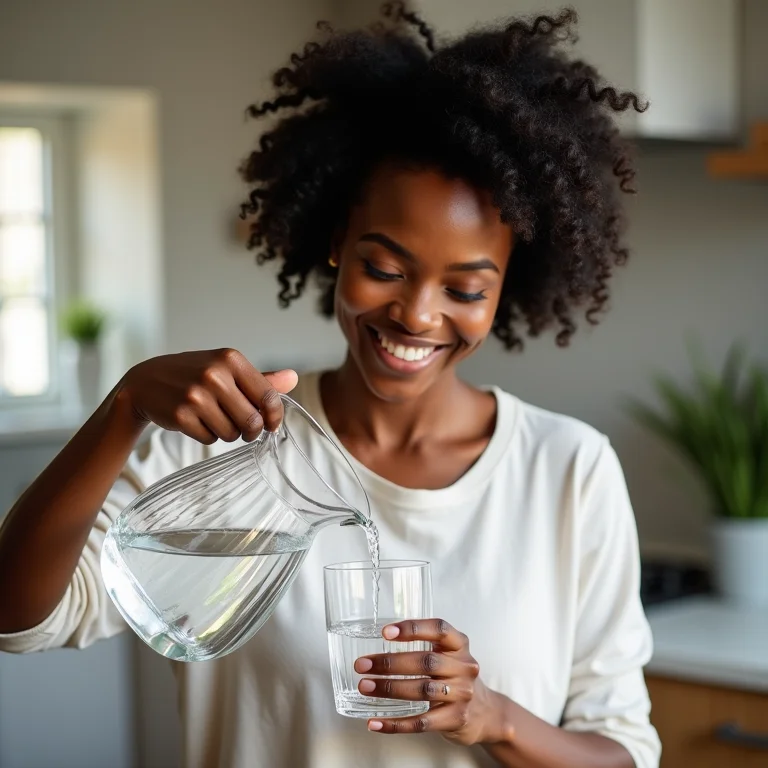 Mulher negra sorrindo ao beber água filtrada