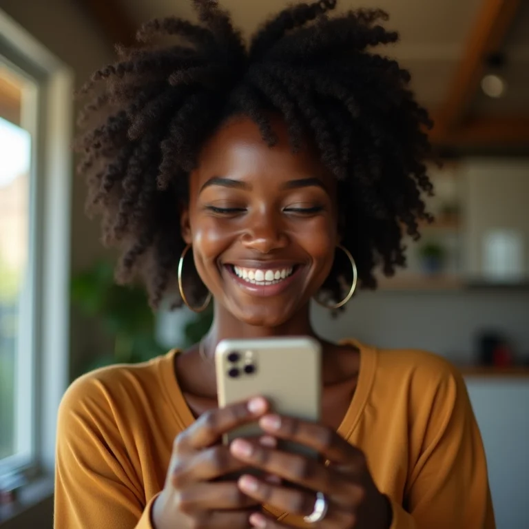 Mulher negra sorrindo ao curtir algo no celular