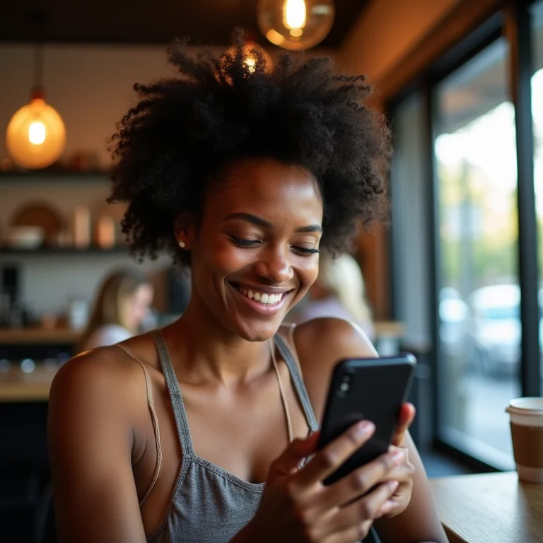 Mulher negra sorrindo ao fazer check-in em cafeteria usando Foursquare.
