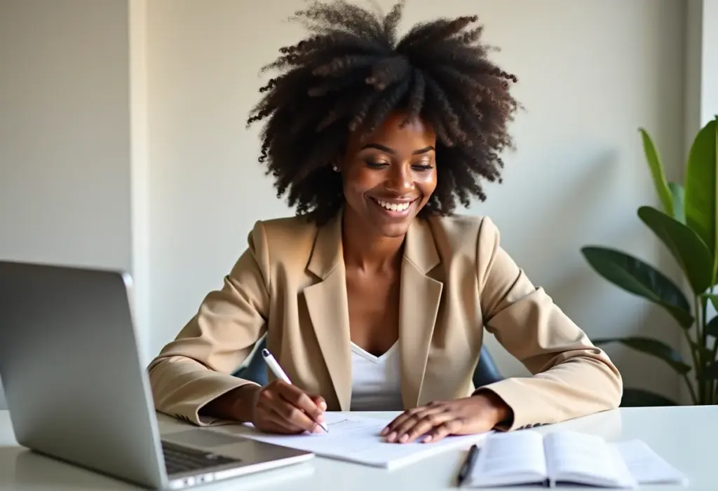 Mulher negra sorrindo ao organizar documentos MEI