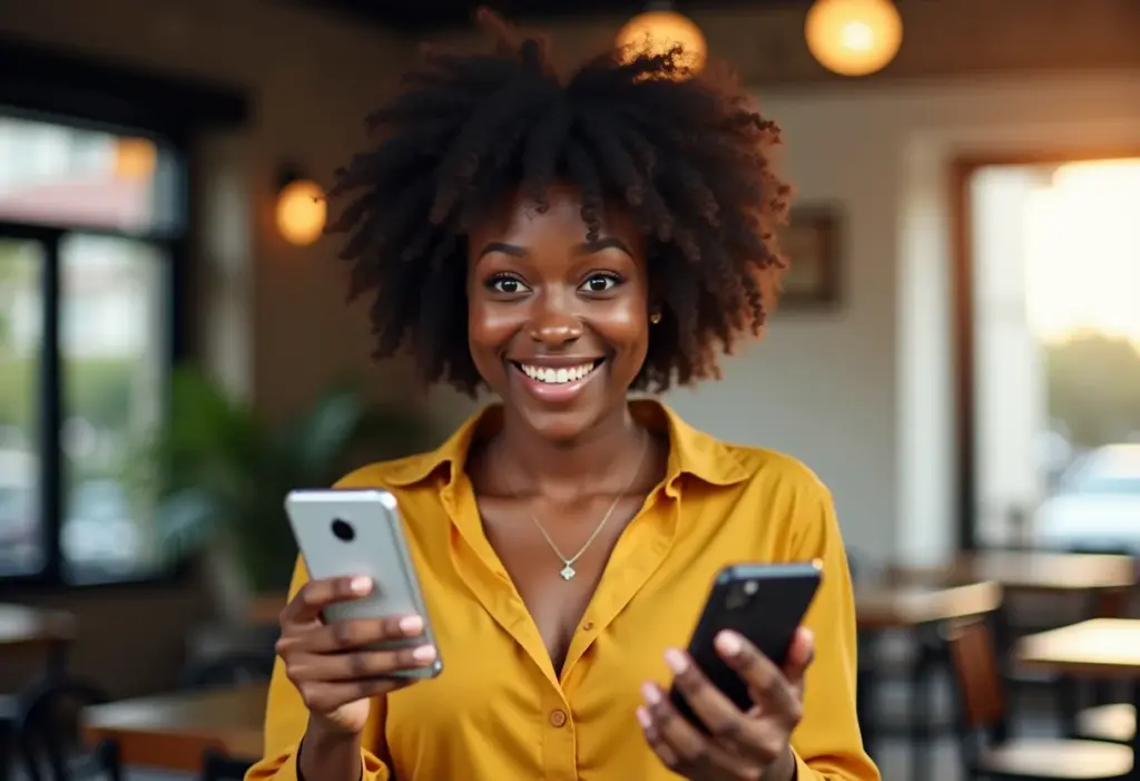 Mulher negra sorrindo ao usar celular barato com WhatsApp ilimitado