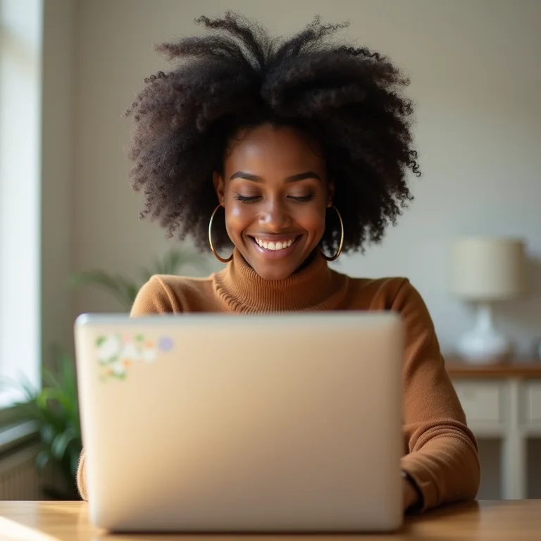 Mulher negra sorrindo ao ver o Selo Ebit em uma loja online.