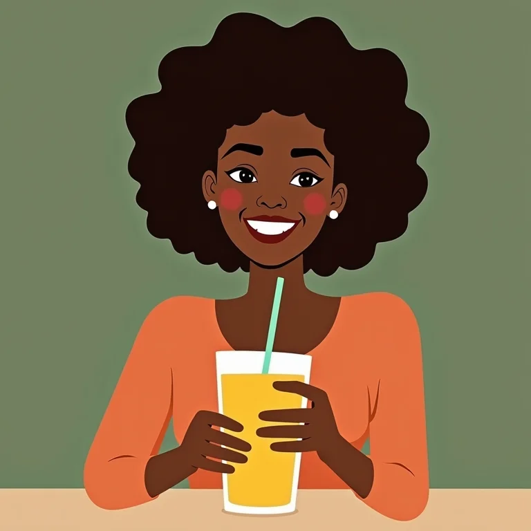 Mulher negra sorrindo bebendo suco de licuri no café da manhã